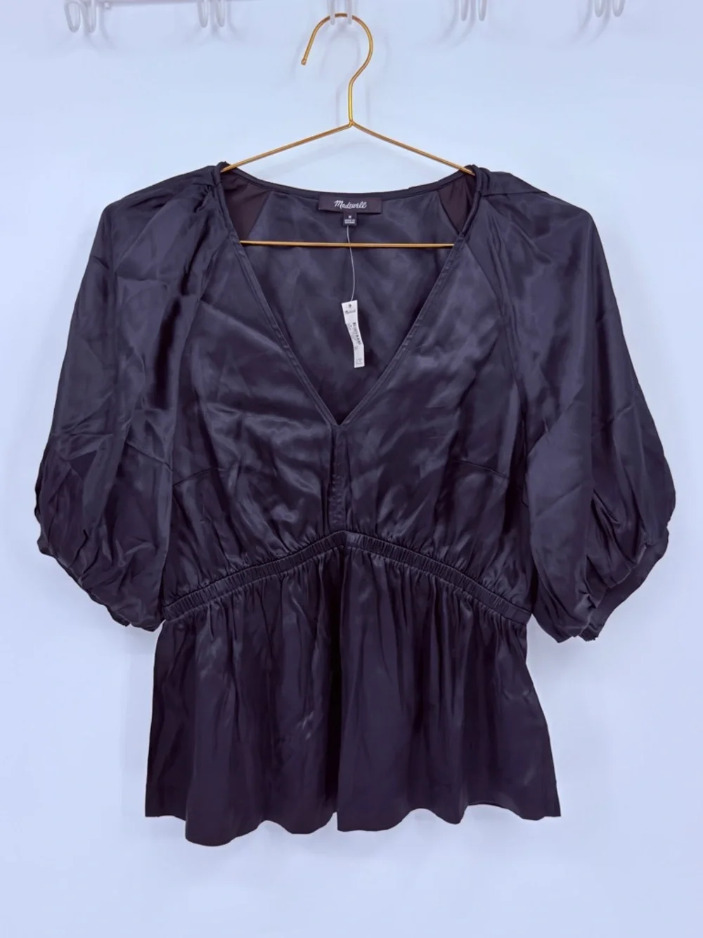 Madewell Black Silk Blend Peplum Blouse Puff Sleeve V Neck Top Medium